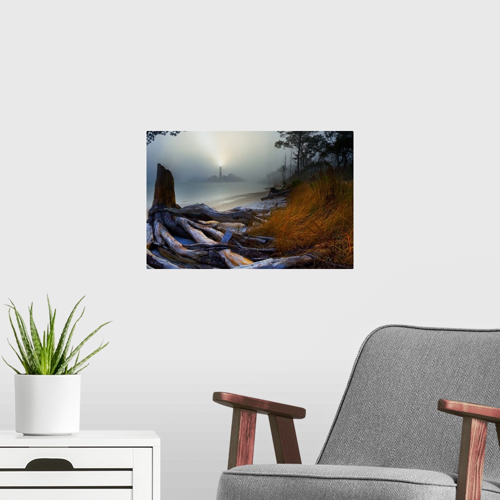 A modern room featuring A lighthouse in the fog in this fantasy art.