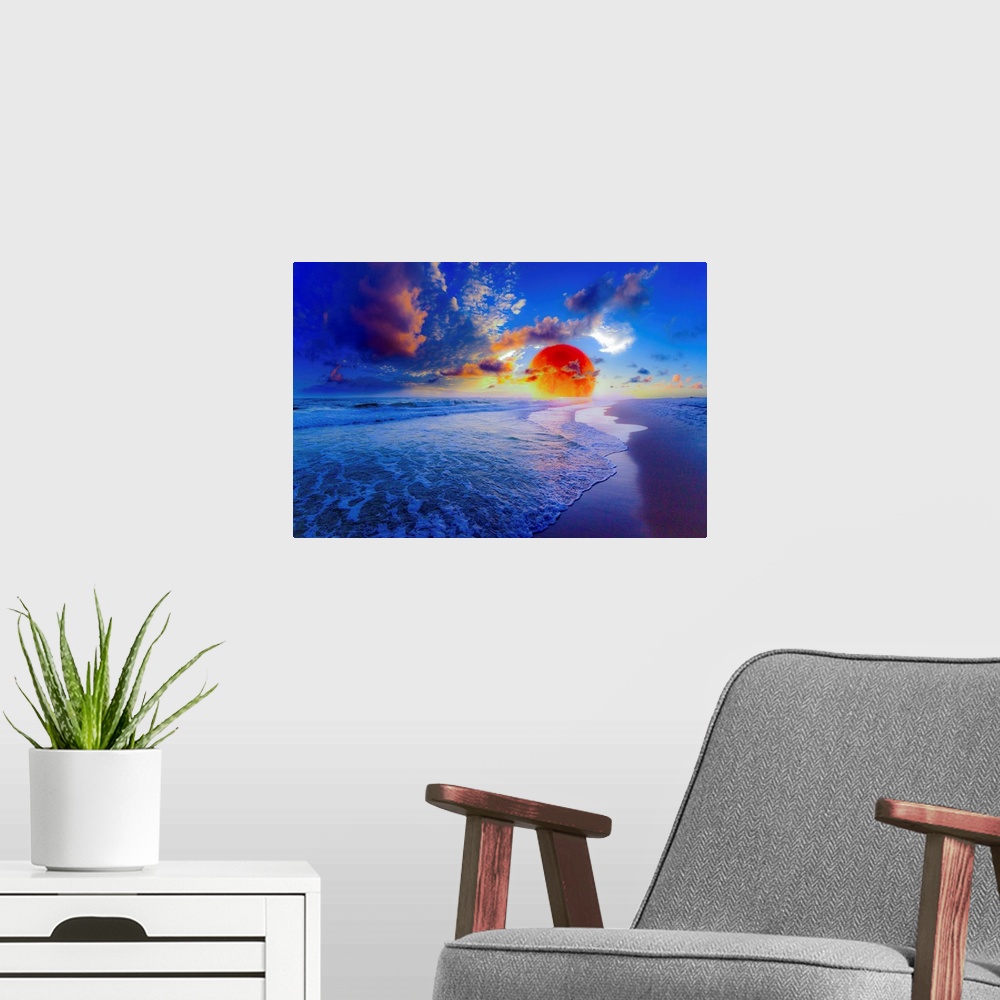 A modern room featuring A red and blue ocean sunset featuring a fantasy blood moon.  The blood moon is seen rising out of...