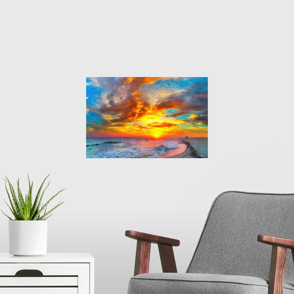 A modern room featuring Dark red and orange sunset on the beach. Landscape taken on Navarre Beach, Florida.