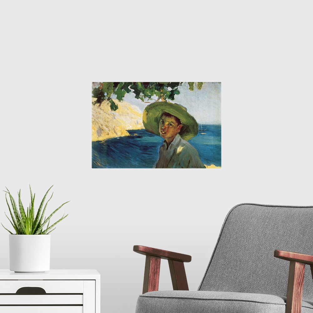 A modern room featuring SOROLLA, Joaquin (1863-1923). Boy with Hat. Post-Impressionism. Oil on canvas. -