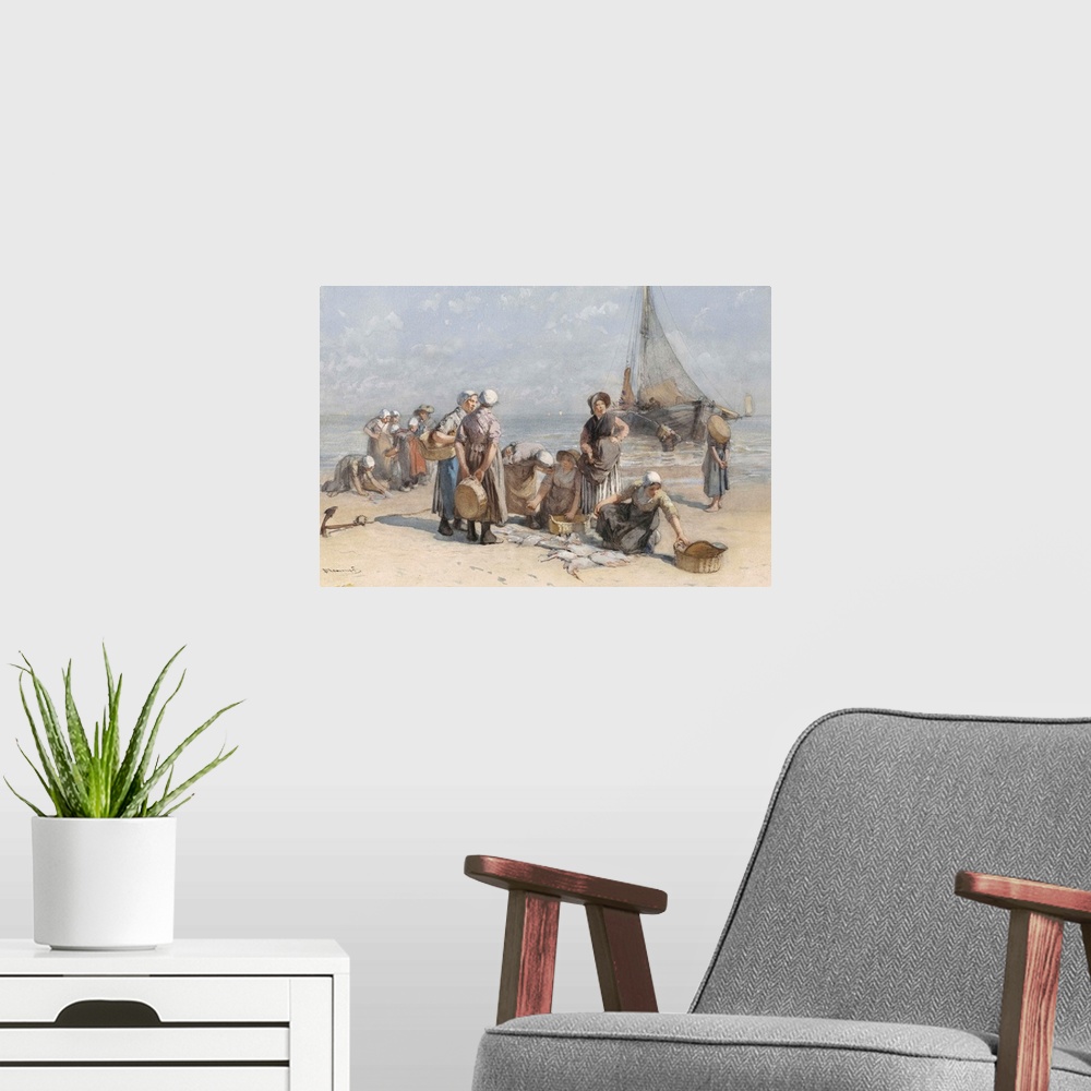 A modern room featuring Fishwives on the Beach at Scheveningen, by Bernardus Johannes Blommers, c. 1880-85, Dutch paintin...