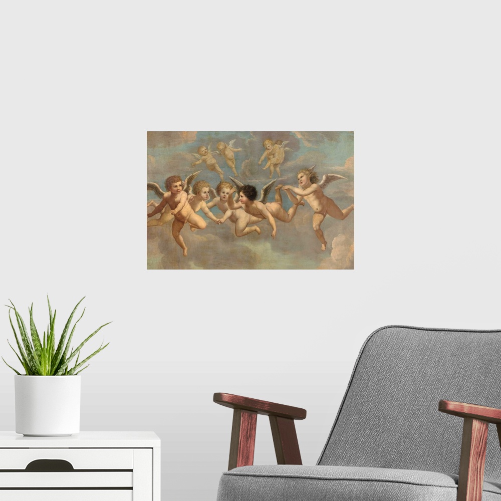A modern room featuring Five Flying Putti, by Anonymous artist, c. 1650, European painting. Formerly part of a ceiling fr...