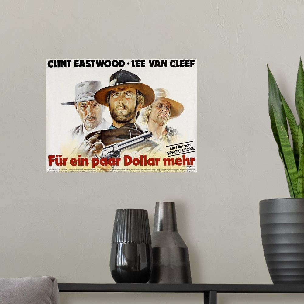 A modern room featuring For A Few Dollars More, (aka Fur Ein Paar Dollar Mehr), From Left: Lee Van Cleef, Clint Eastwood,...