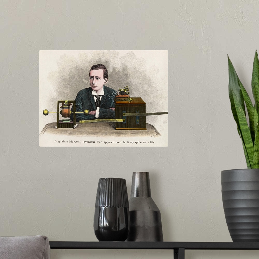 A modern room featuring Engraving. Portrait de Guglielmo Marconi, Italian Physicist, who invented the radio telegraph sys...
