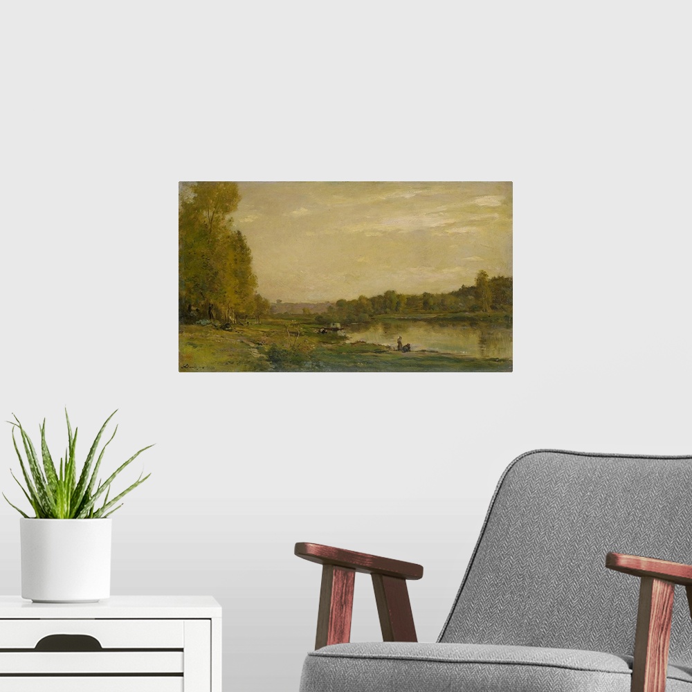 A modern room featuring Landscape on the Oise, by Charles Francois Daubigny, 1872 , French painting, oil on panel, There ...