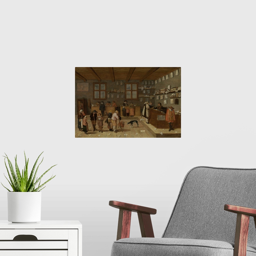 A modern room featuring Lawyer's Office, by Pieter de Bloot, 1628. Dutch painting, oil on panel. A waiting line of custom...