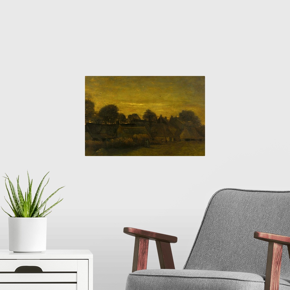 A modern room featuring Peasant Village at Dusk, by Vincent van Gogh, 1884, Dutch painting, oil on canvas. Rural village ...