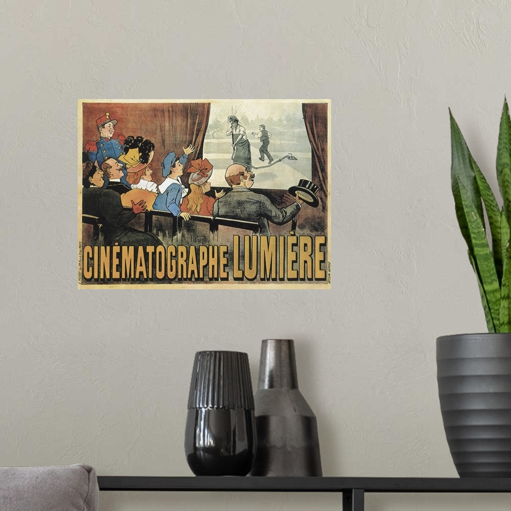 A modern room featuring LUMIERE, Louis and Auguste. Poster advertising the showing of L'Arroseur Arrose (The Waterer Wate...