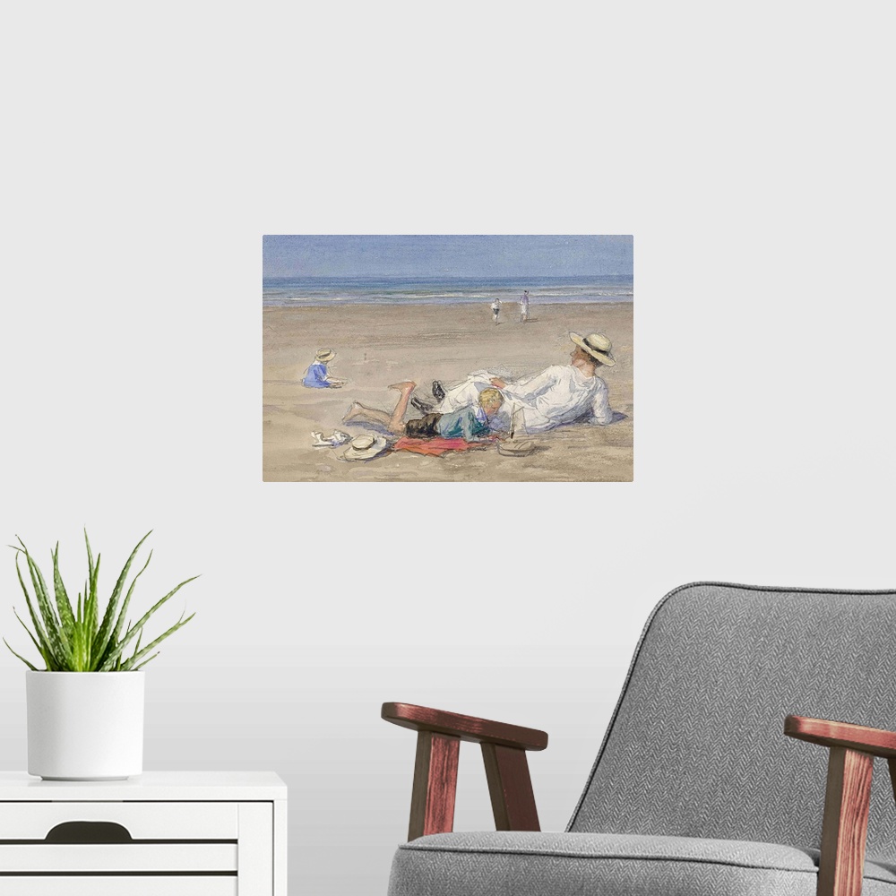 A modern room featuring Resting Nanny with Two Children on the Beach, by Johan Antonie de Jonge, c. 1890-1920. Dutch wate...