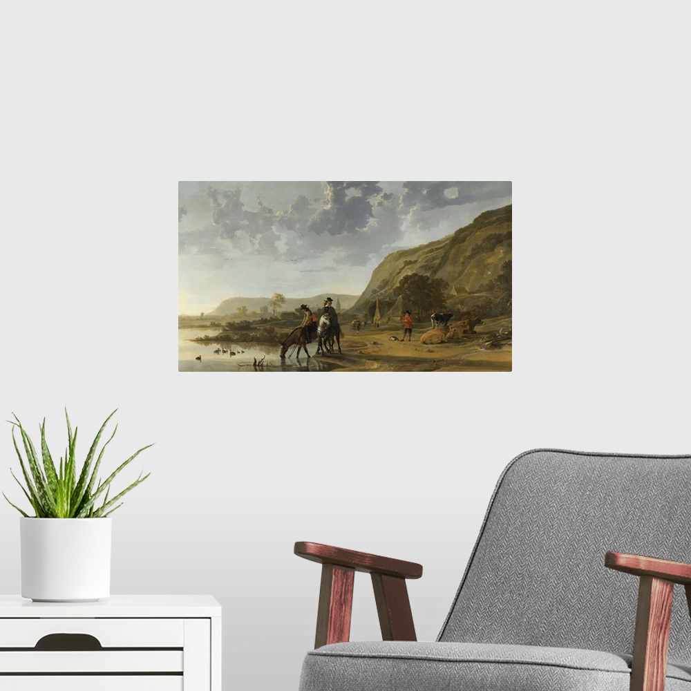 A modern room featuring River Landscape with Riders, by Aelbert Cuyp, 1653-57, Dutch painting, oil on canvas. Dutch offic...