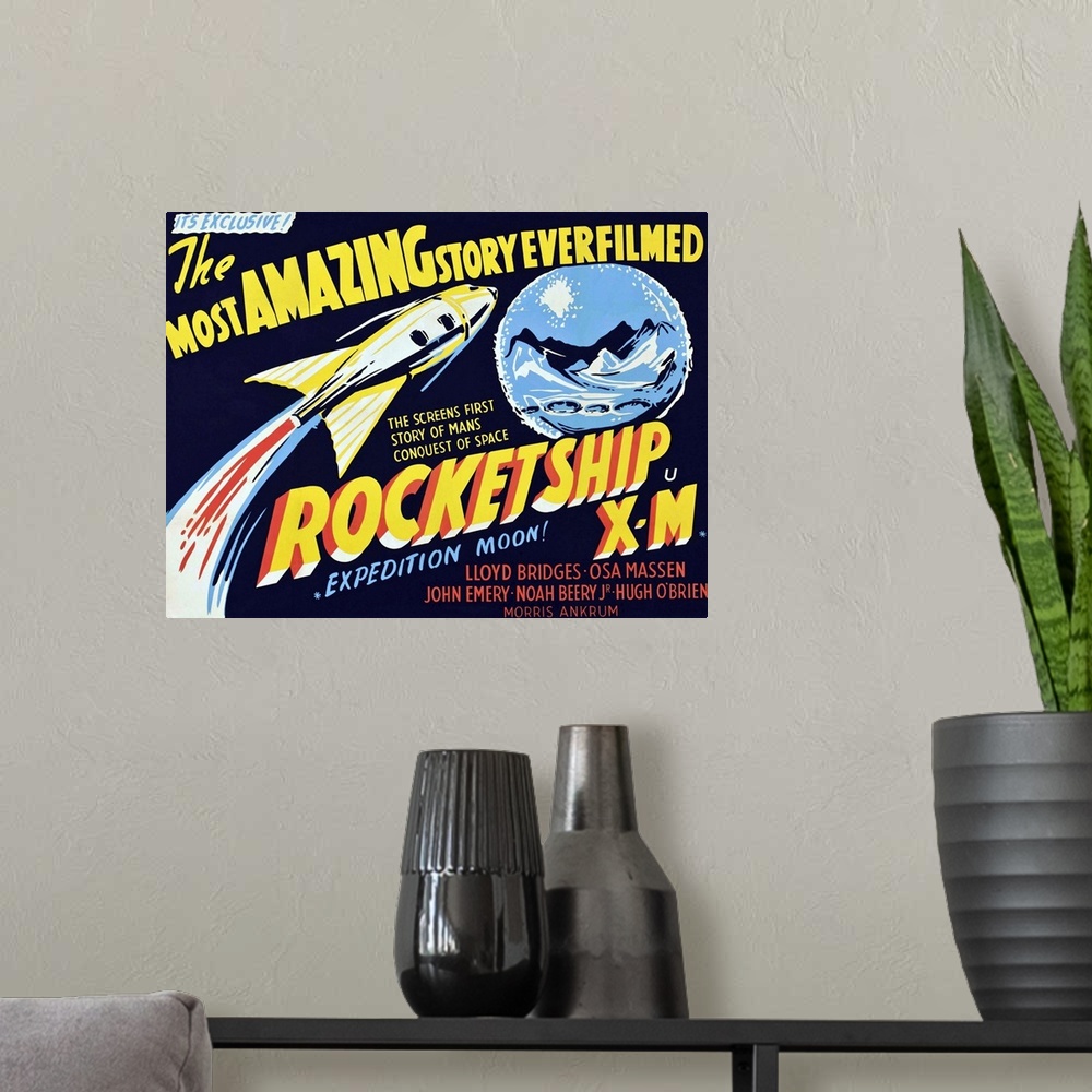 A modern room featuring Rocketship X-M - Vintage Movie Poster