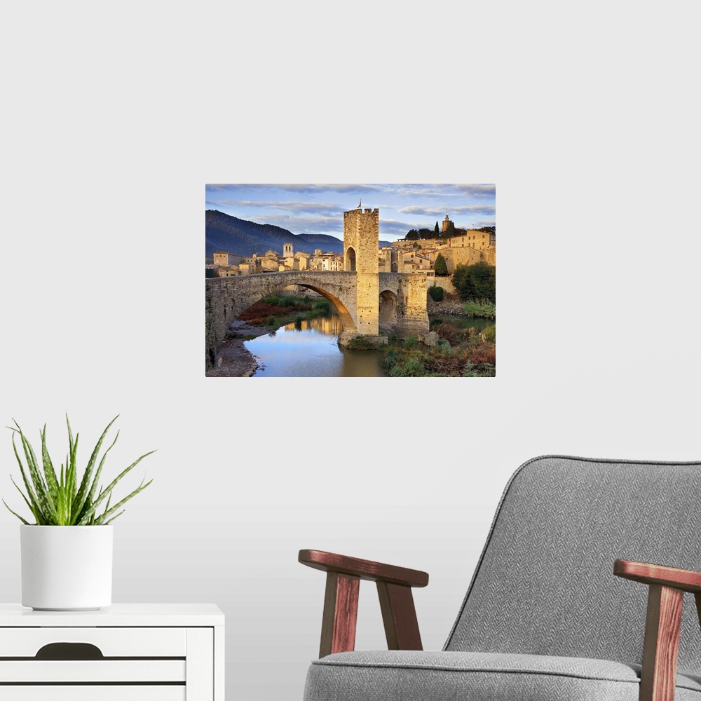 A modern room featuring SPAIN. Besalu. Romanesque bridge over the Fluvi river. Romanesque art. -