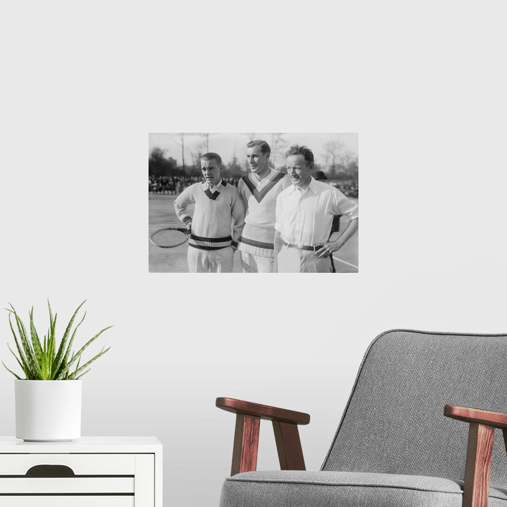 A modern room featuring Tennis champions Vincent Richards, Bill Tilden, and Bill Johnston in the 1920s. The trio were on ...