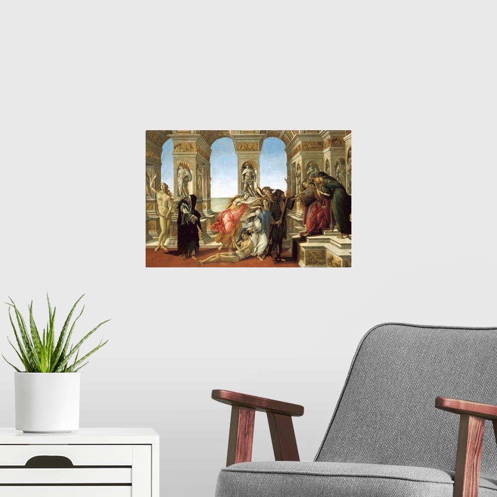 A modern room featuring The Calumny of Apelles
