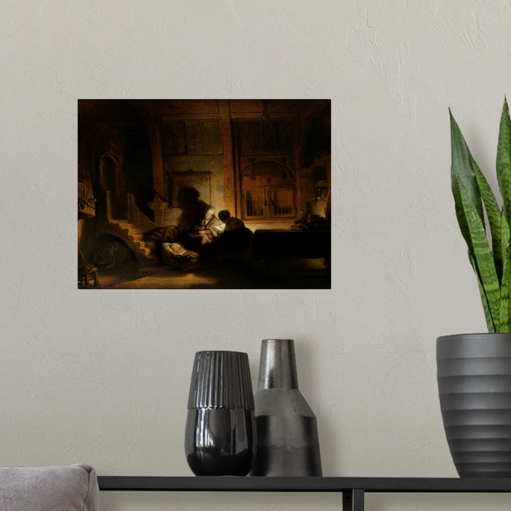A modern room featuring The Holy Family at Night, by workshop of Rembrandt van Rijn, 1642-48, Dutch painting, oil on pane...