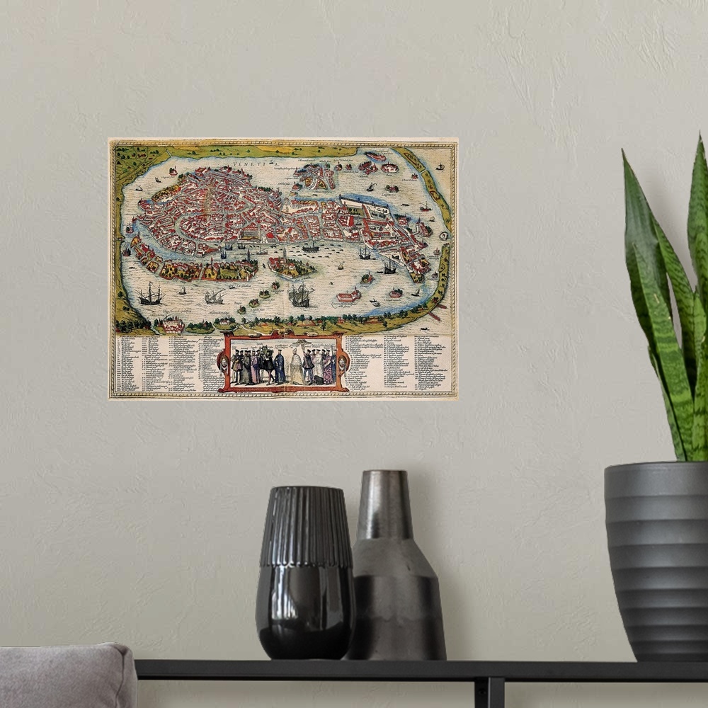 A modern room featuring Theatrum Orbis Terrarum", by Abraham Ortelius. The city of Venice. Printed in Antwerp by Christop...
