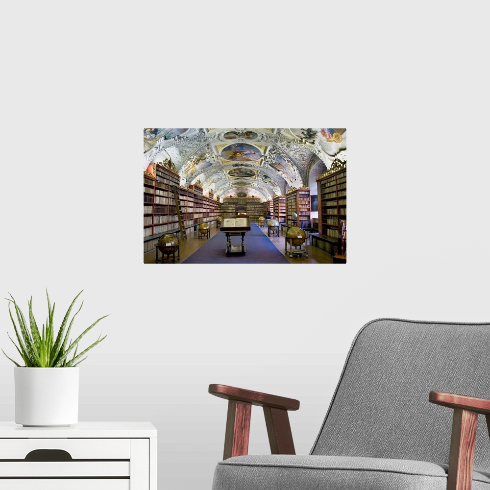 A modern room featuring CZECH Rep.. Prague. Strahov Monastery, founded in 1143. Theological Hall of the Library with pain...