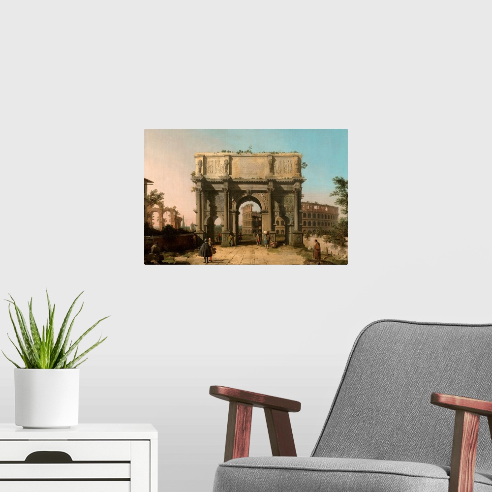 A modern room featuring View of the Arch of Constantine with the Colosseum, Italian, by Canaletto, 1742-45, Italian paint...