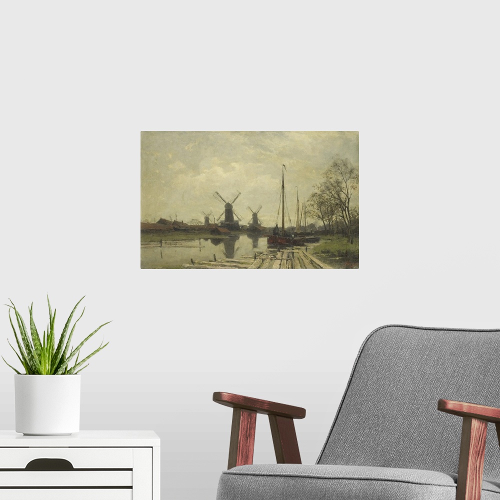 A modern room featuring Waterway near the Baarsjes, Amsterdam, by Jan Hillebrand Wijsmullerm, 1880-1901, Dutch painting, ...