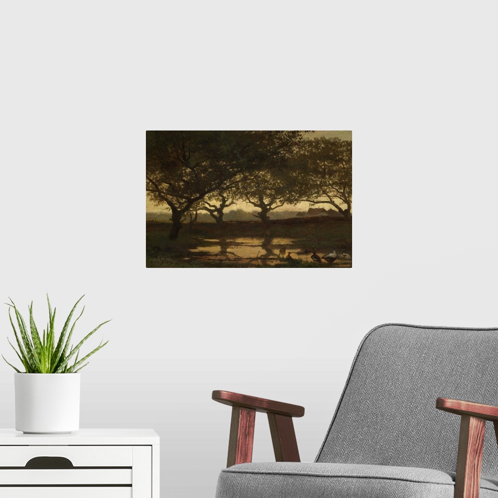 A modern room featuring Woodland Pond at Sunset, by Gerard Bilders, c. 1862, Dutch painting, oil on panel. Trees at sunse...