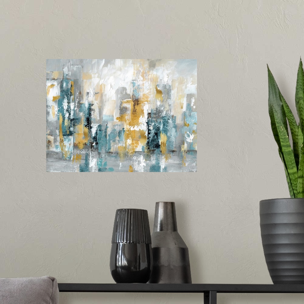 A modern room featuring Large abstract cityscape in shades of blue, grey, and gold.