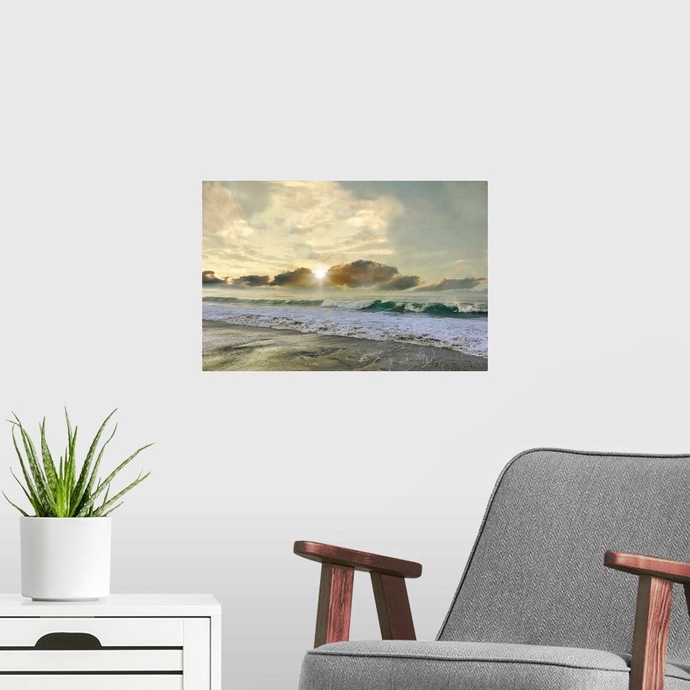 A modern room featuring A photo with a semblance of a painting displays rolling waves upon a shore with a sun setting in ...