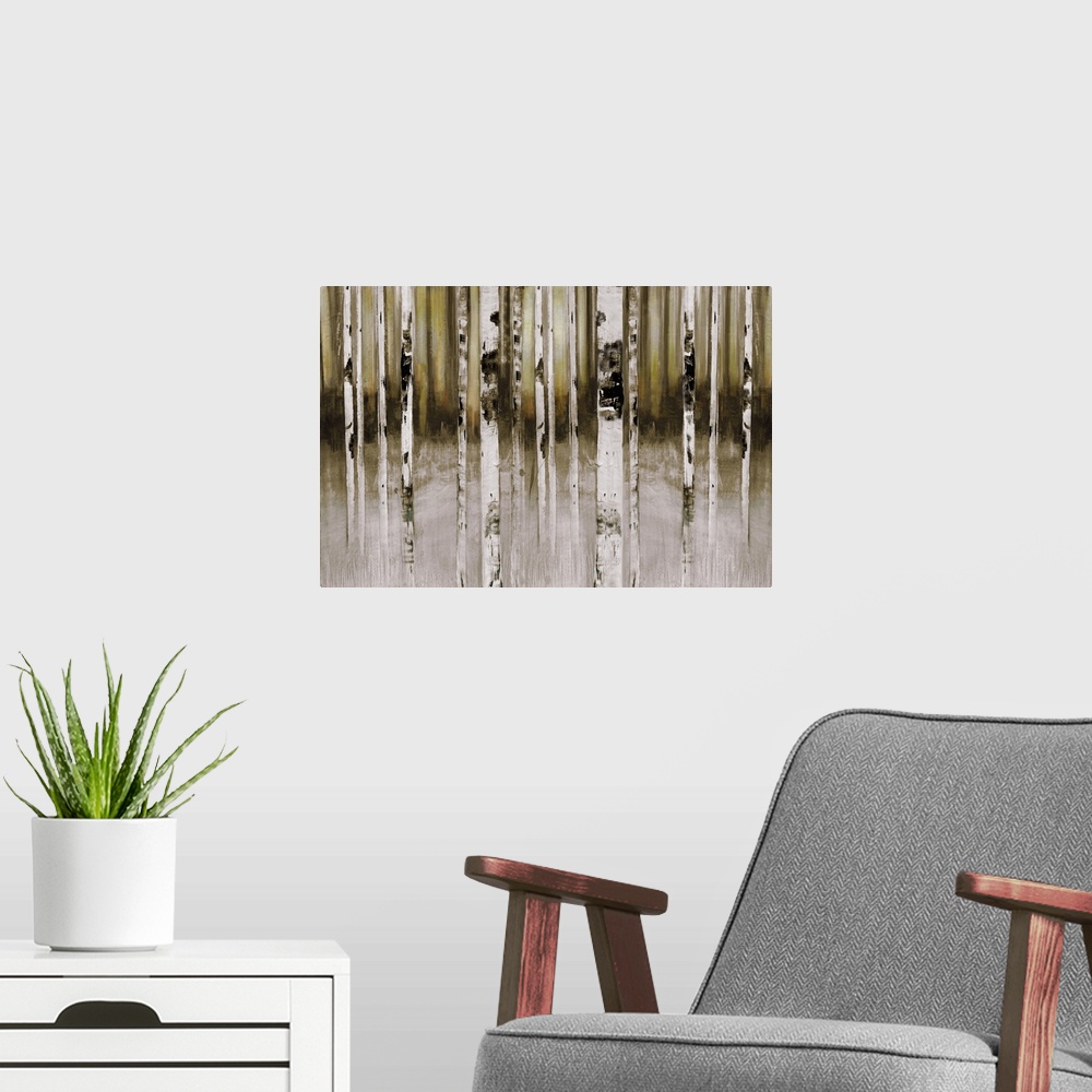A modern room featuring A contemporary painting of white, black and brown tree trunks in the woods.