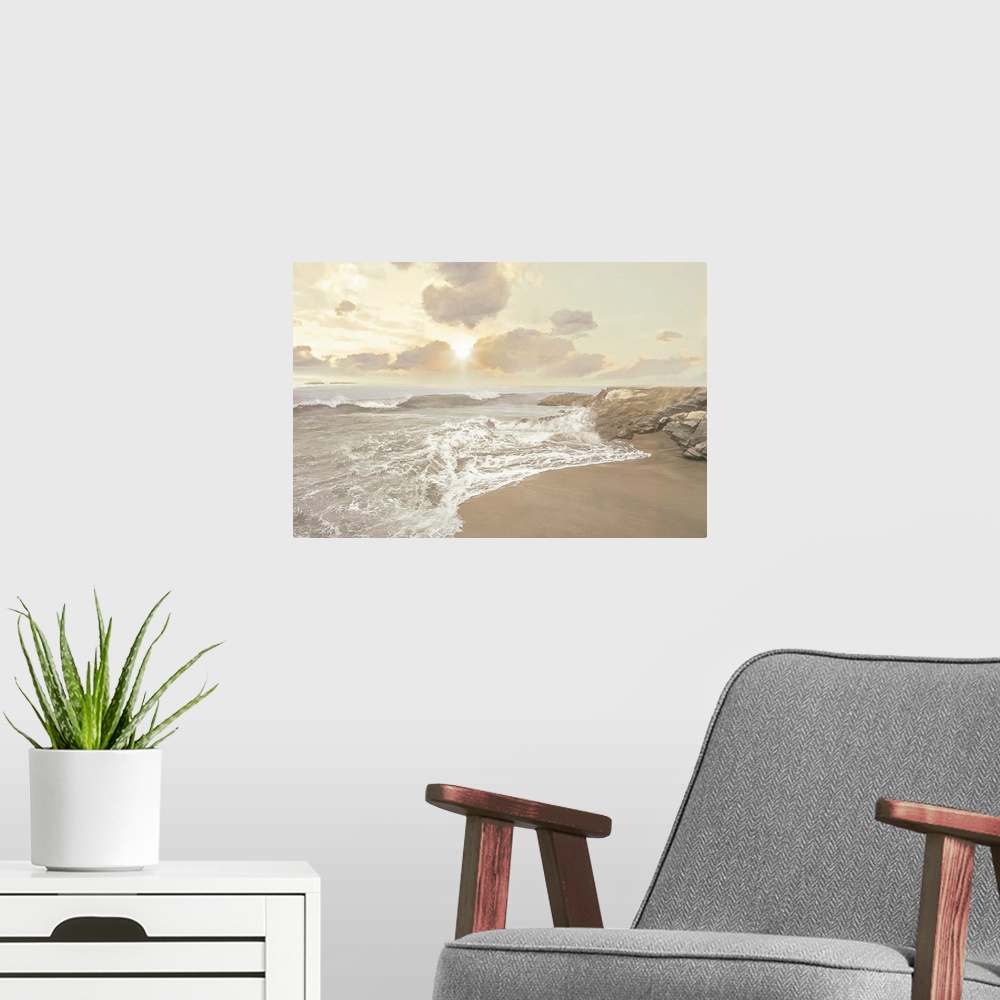 A modern room featuring A photo of a waves breaking against a shore with rocks, edited for a smooth effect.