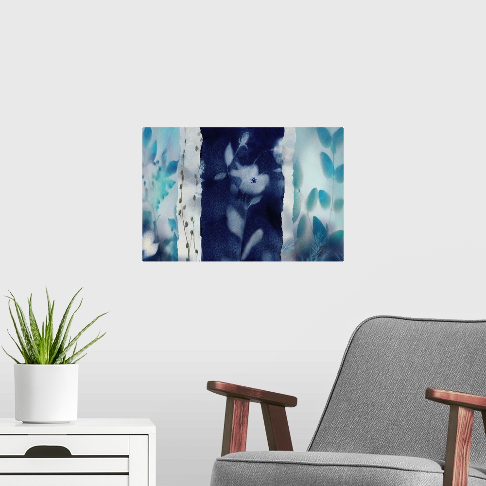 A modern room featuring Large abstract painting of flowers and plants in shades of blue.