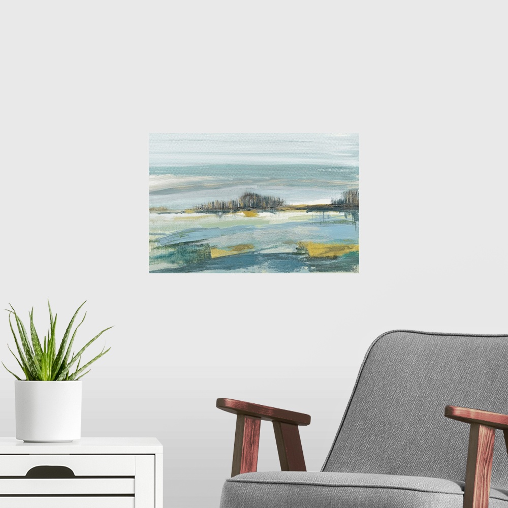A modern room featuring Contemporary painting of an abstract beach landscape in shades of blue, grey, green, and gold.