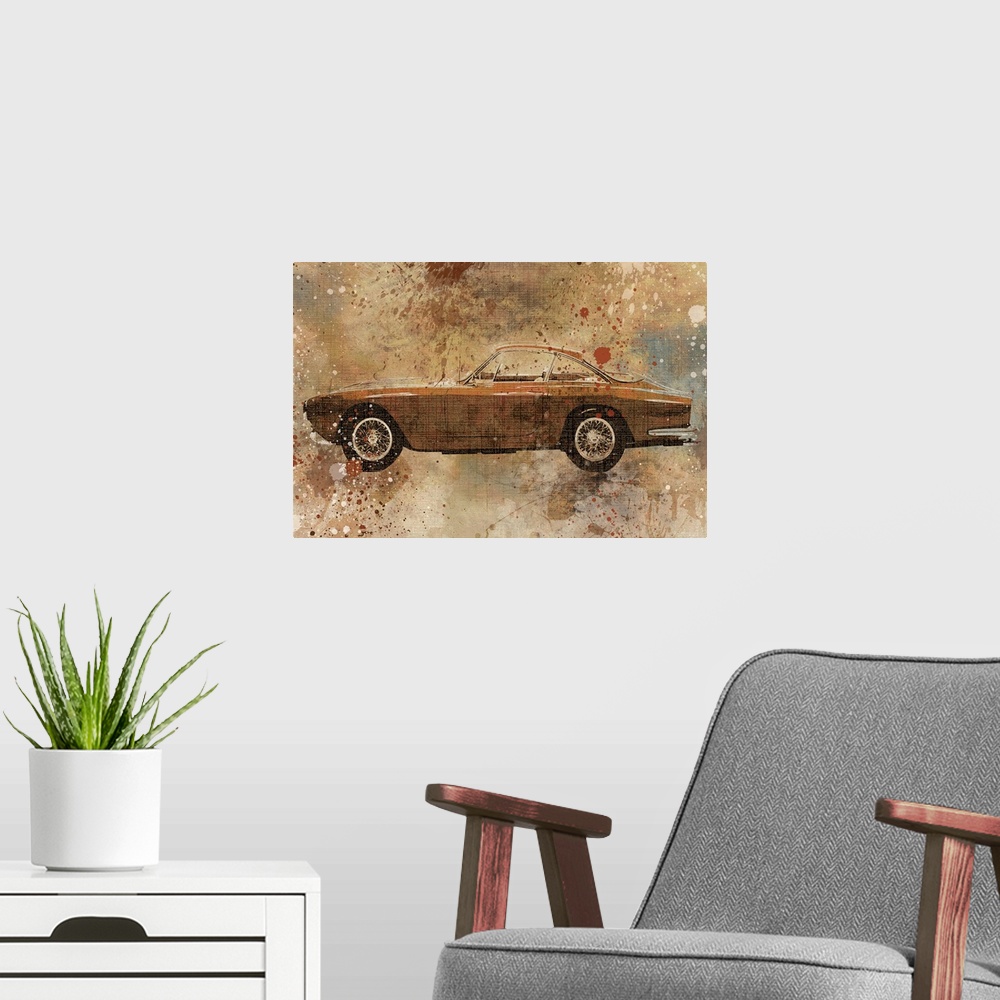 A modern room featuring Contemporary artwork of a sports car with an overall grungy and distressed look to it.