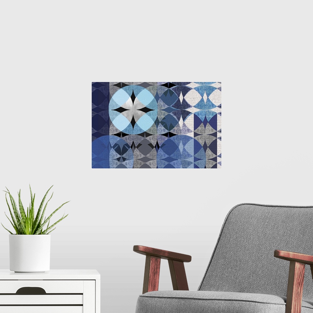 A modern room featuring Abstract art with overlapping and repeating shapes and designs in shades of blue and grey resembl...