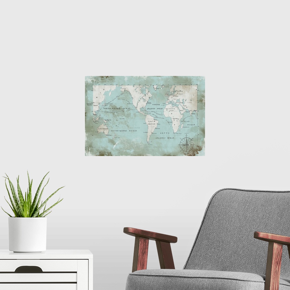 A modern room featuring Antique map of the World.