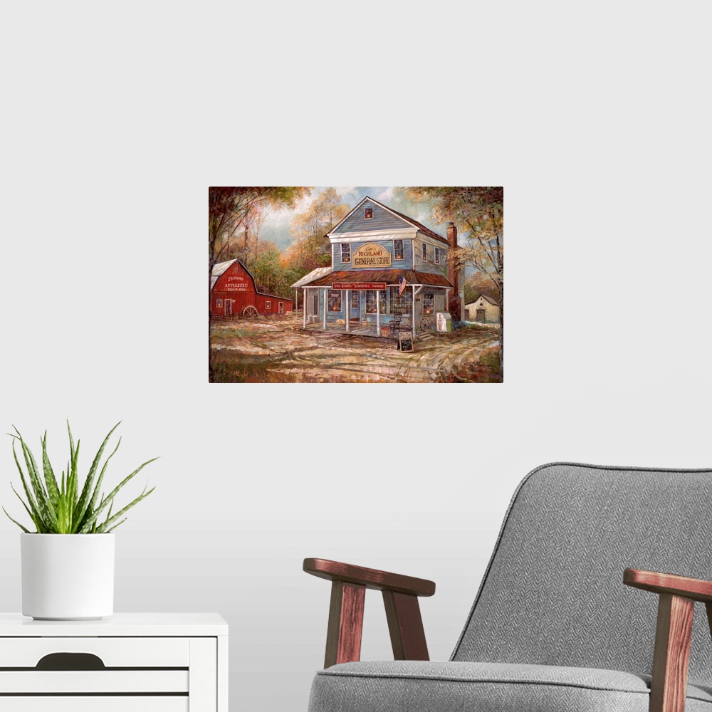 A modern room featuring Contemporary painting of a countryside General Store and a Cider Mill in Autumn.