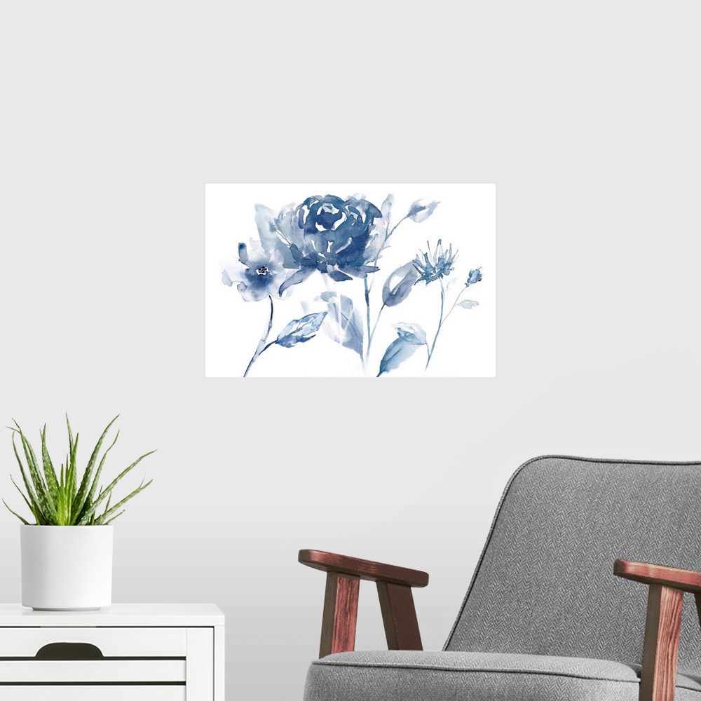 A modern room featuring Watercolor painting of indigo flowers on a white background.
