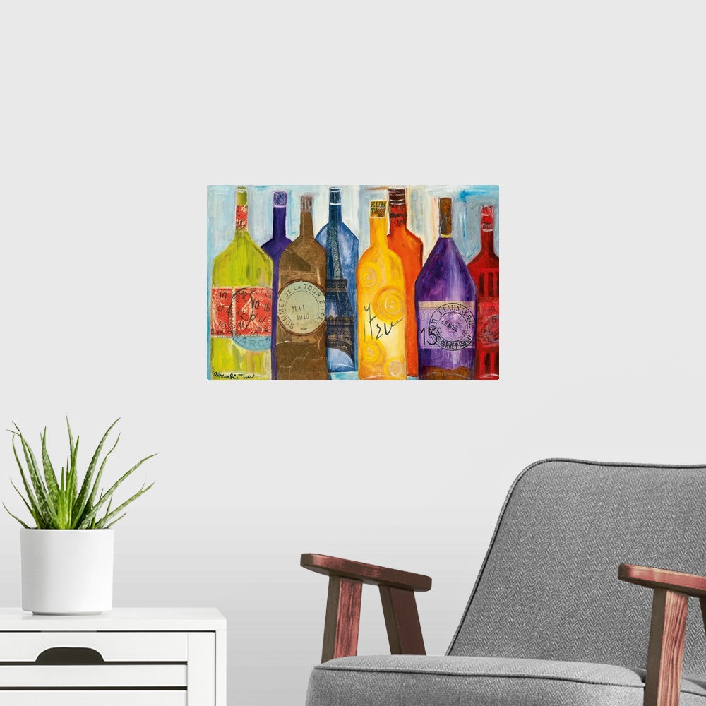 A modern room featuring Horizontal painting of colorful wine bottles all sitting around each other with various stamps.