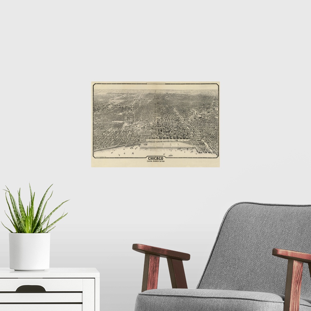 A modern room featuring Vintage illustrated map of Chicago Central Business Section circa 1910.