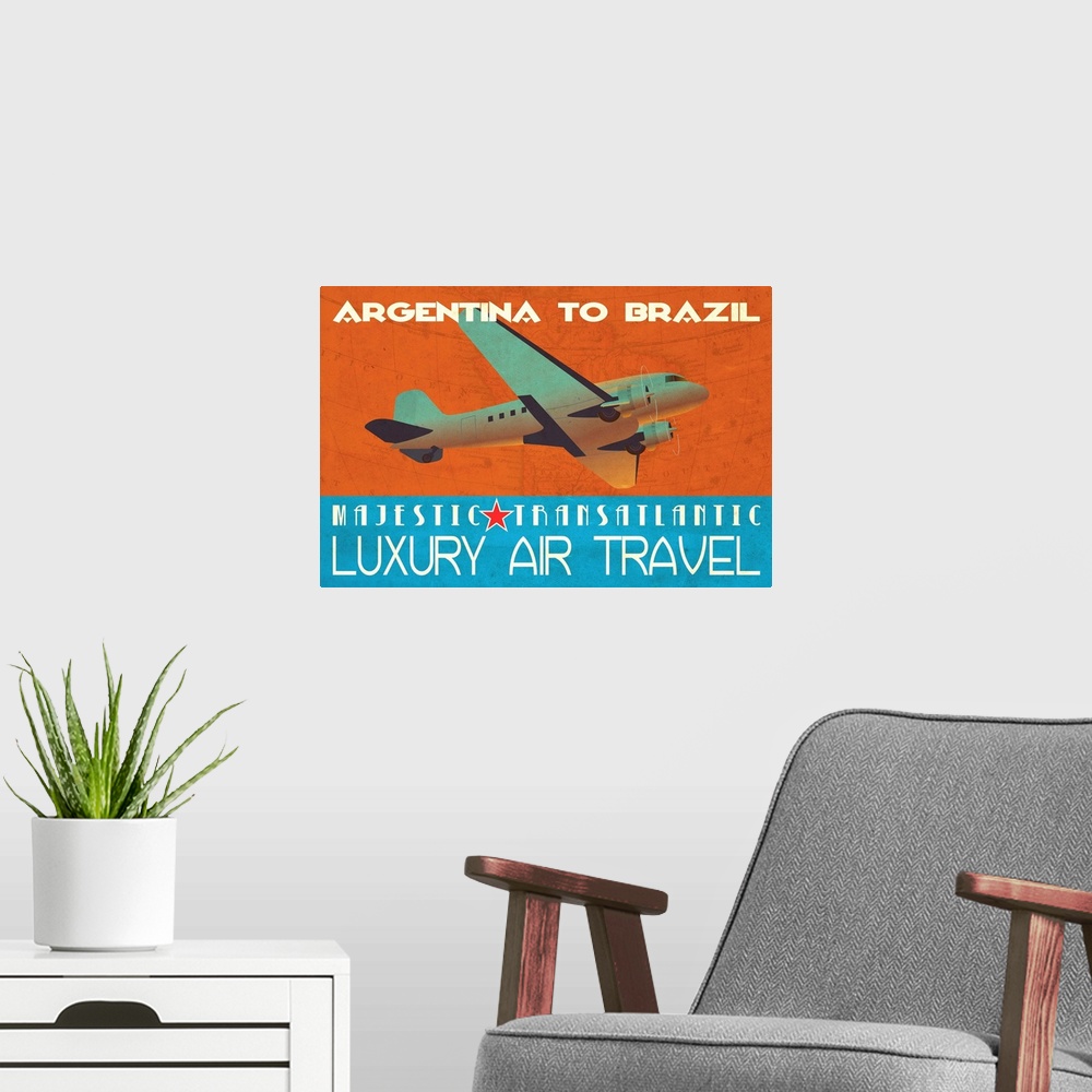 A modern room featuring Retro style travel poster advertising flights in South America.