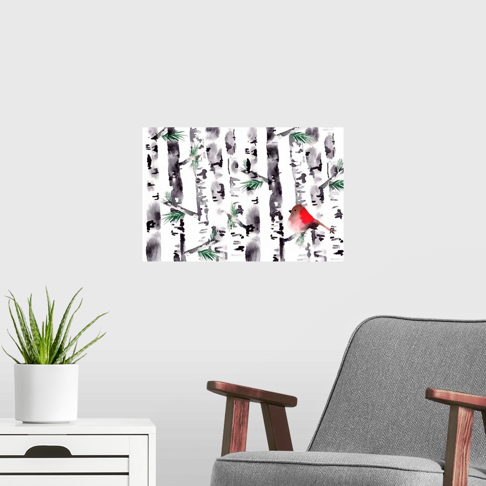 A modern room featuring Contemporary watercolor painting of a red bird on a branch in a forest of birth trees.