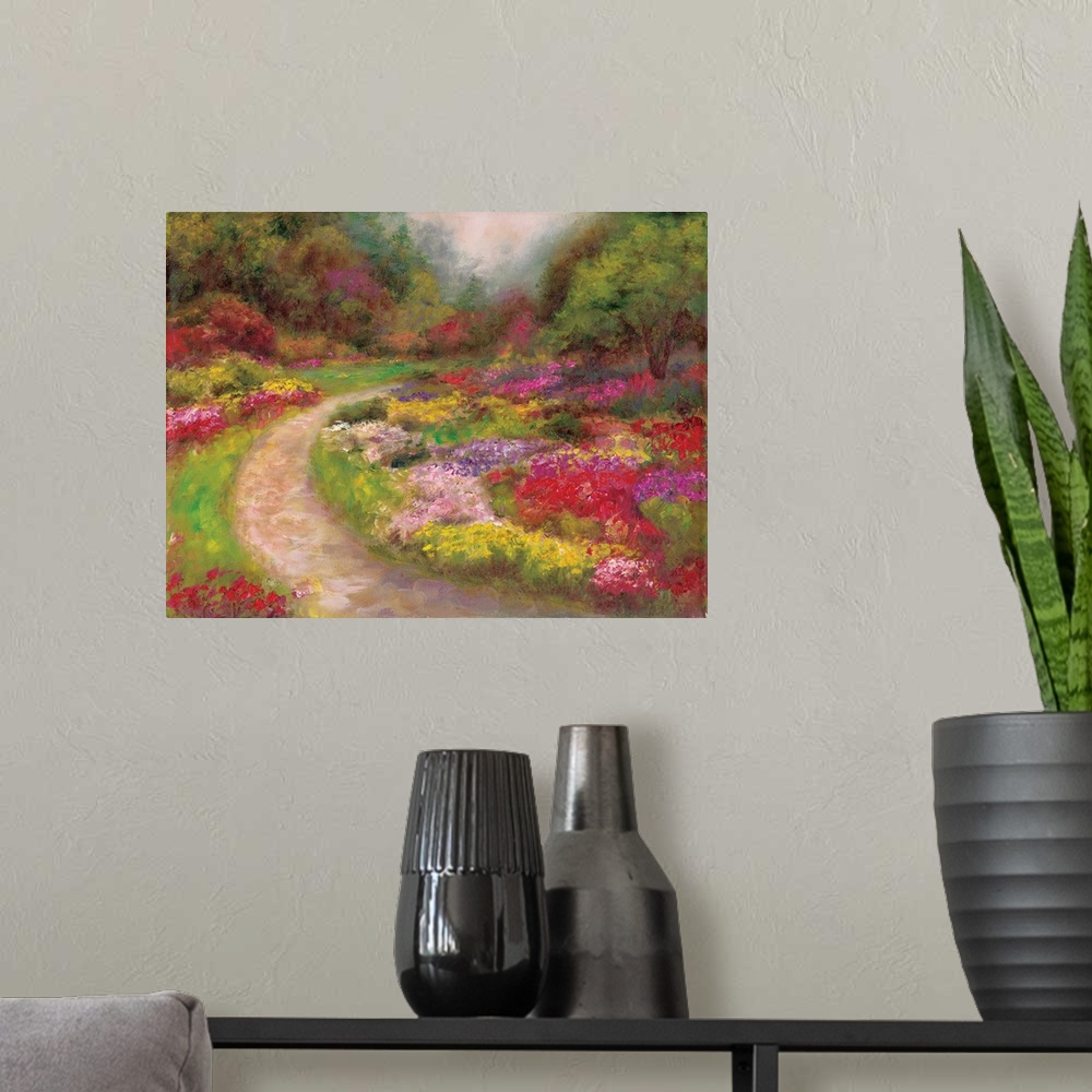 A modern room featuring Contemporary artwork of a path in a garden surrounded by flowers.