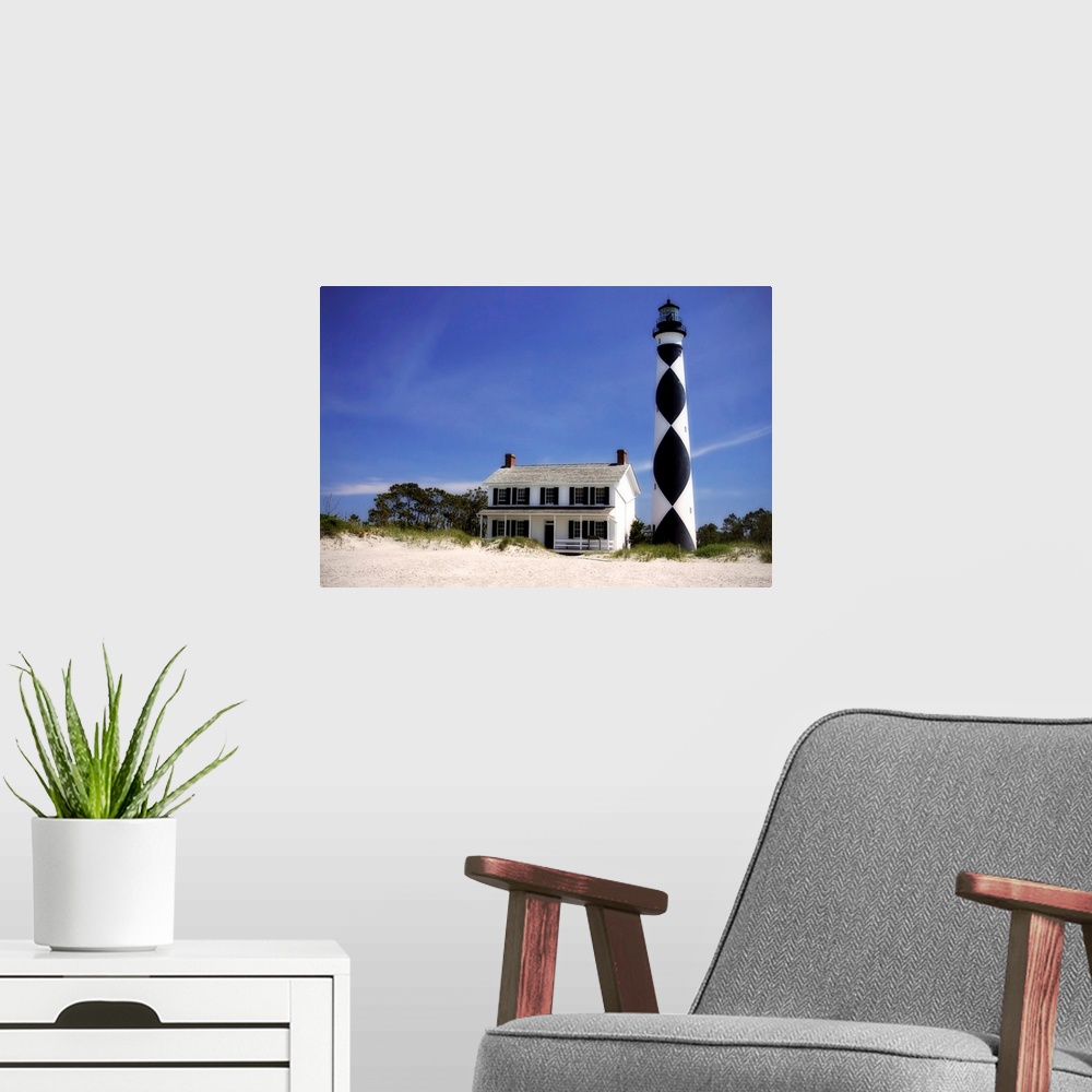 A modern room featuring Cape Lookout Light 1