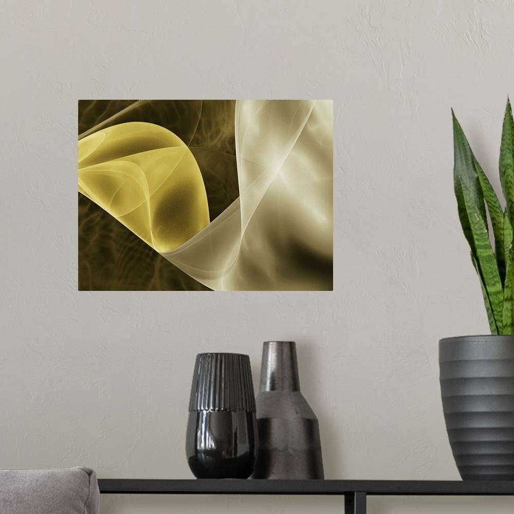 A modern room featuring Digital abstract image in shades of yellow and gray.
