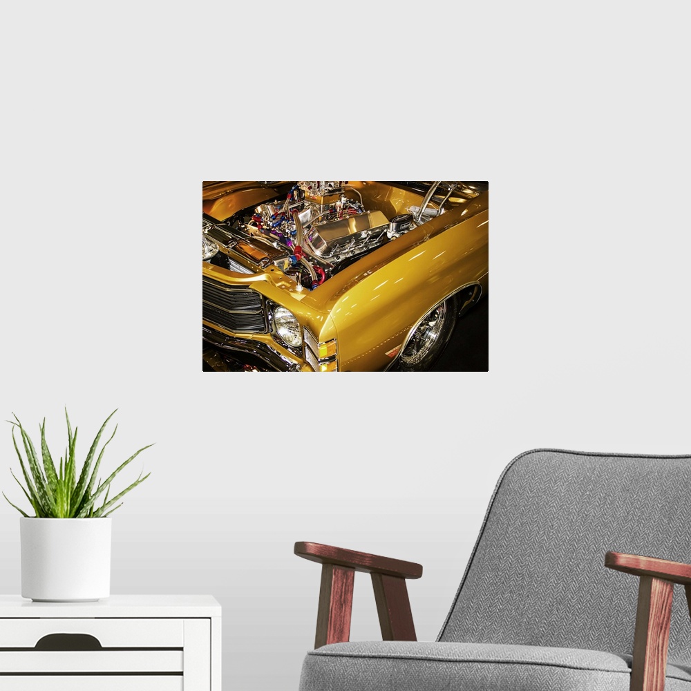 A modern room featuring Fine art photograph of a vintage car. The hood is popped and the engine is visible.