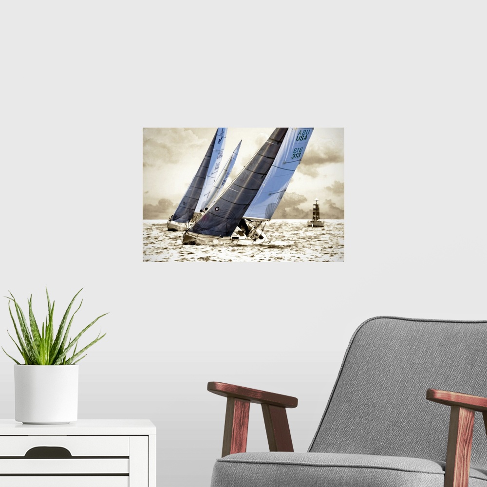 A modern room featuring Artistic rendering photograph of two racing sailboats.