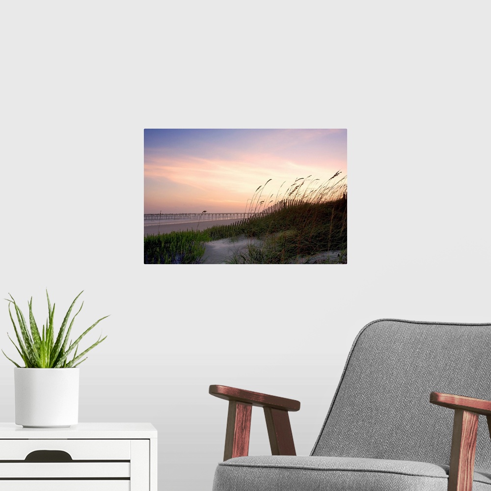 A modern room featuring Giant photograph taken from the side of a sandy dune scattered with high grass while it overlooks...
