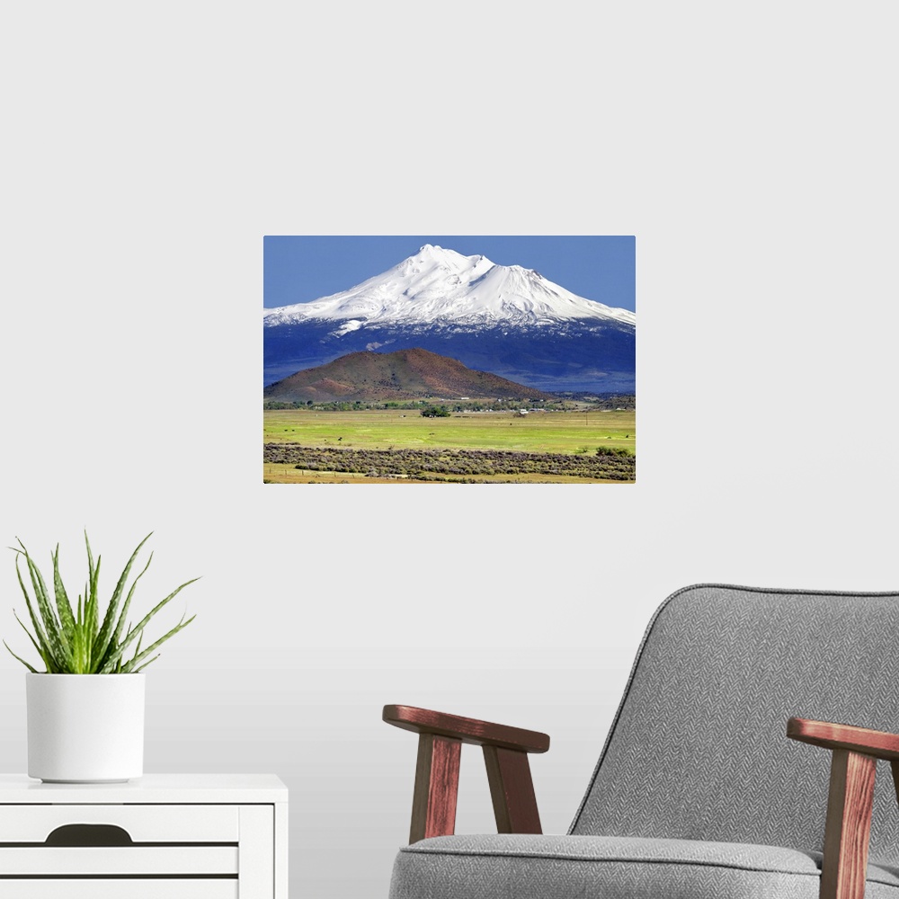 A modern room featuring Landscape photograph of rural fields with a snow covered Mount Shasta in the background.