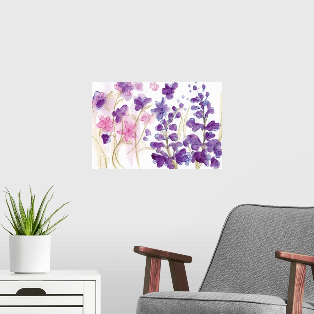 A modern room featuring Watercolor painting of a garden of brightly colored purple flowers.