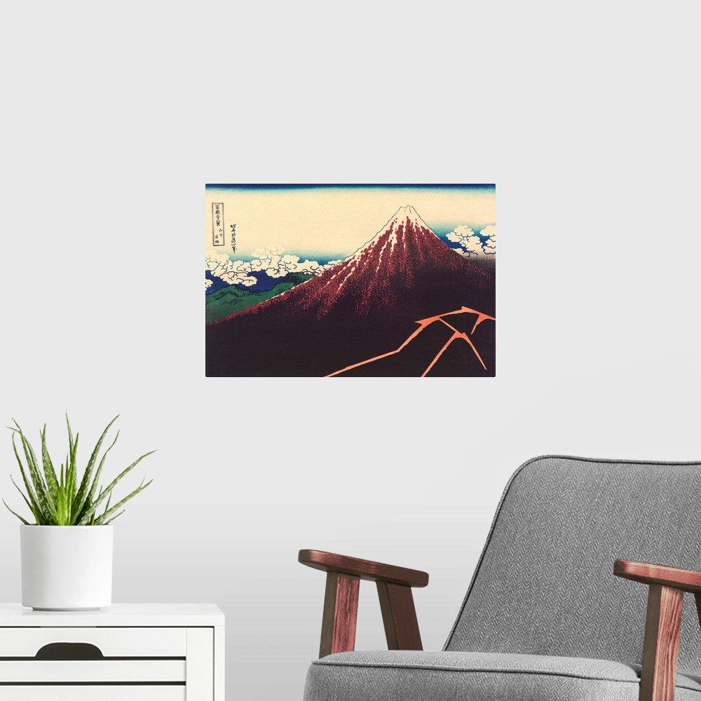 A modern room featuring A print by Hokusai from the series Thirty-Six Views of Mount Fuji.