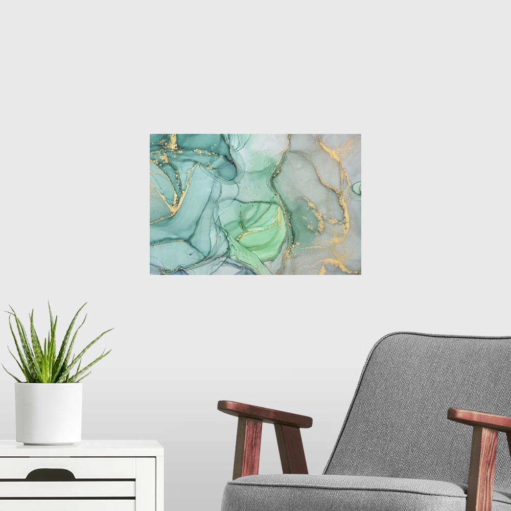 A modern room featuring Modern art. Marble texture. Originally mixing acrylic paints and translucent alcohol ink colors.