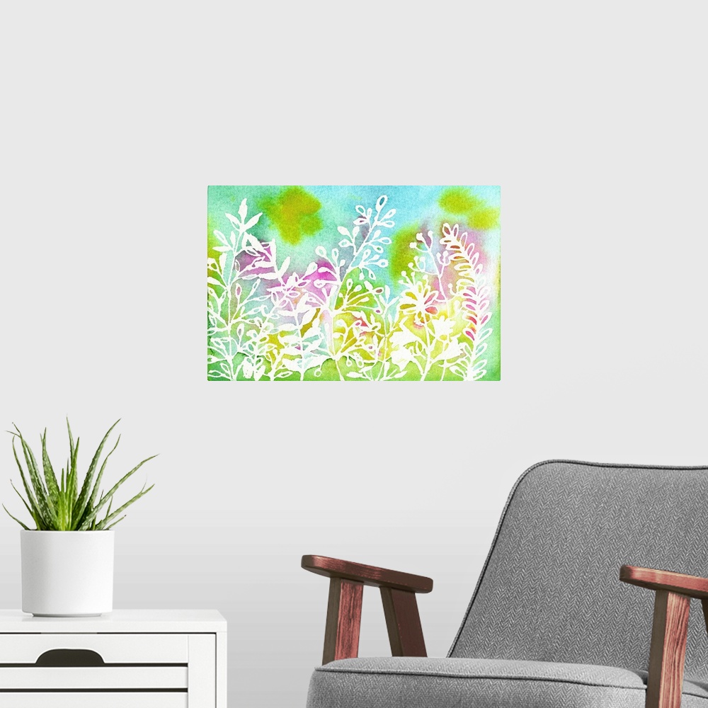 A modern room featuring Outline of botanical plants against a colorful background.